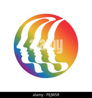 Three (or six) human profile, drawn by ribbon-like single line. Symbol of the unity in diversity. Vector drawing on isolated background. Stock Vector