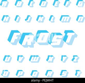 Blue frost font, vector geometric alphabet. 3D letters with shadow. Bold and italic square typography. Frozen ice cubes. Symbols collection on white background. Stock Vector