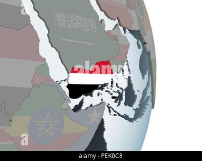 Yemen on political globe with embedded flag. 3D illustration Stock ...