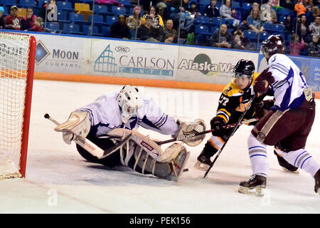 Army 1st Lt. Benjamin Cohan tries to sneak the puck past Air Force goalie Senior Airman Stanislov Barilov in the 21st Annual Army vs Air Force hockey game Saturday, Dec. 5, at the Carlson Center in Fairbanks, Alaska. Air Force held on to win the game 4-2. (U.S. Army photo/John Pennell) Stock Photo