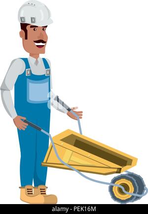 construction man with a wheelbarrow over white background, vector ...