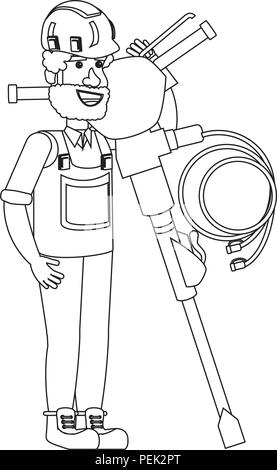 construction man holding a hammer drill over white background, vector illustration Stock Vector