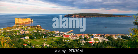 Panoramic view of Perce Rock and Bonaventure Island from Mount Sainte-Anne lookout point  in Perce, Gaspe peninsula, Quebec, Canada. Stock Photo