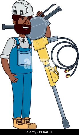 construction man holding a hammer drill over white background, vector illustration Stock Vector