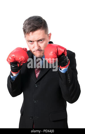 Portrait of an angry businessman in boxing red gloves, isolated on white background Stock Photo