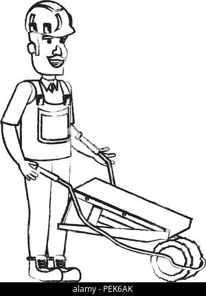construction man with a wheelbarrow over white background, vector ...