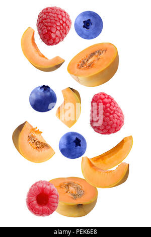 Isolated flying fruits. Falling melon isolated on white background with clipping path as package design element and advertising. Stock Photo