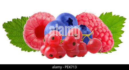 Isolated fruit. fresh berries (red currant, raspberries, blueberries) isolated on white background with clipping path as package design element and ad Stock Photo