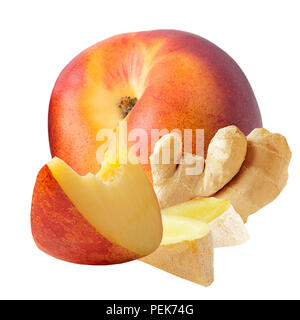 Isolated fruits. fresh ginger and peaches isolated on white background with clipping path as package design element and advertising. Stock Photo
