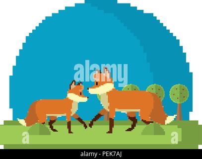 pixelated couple fox wild animal Stock Vector
