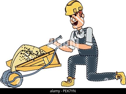 cartoon construction worker with wheelbarrow over white background ...