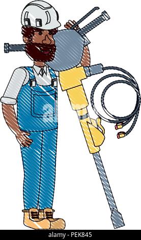 construction man holding a hammer drill over white background, vector illustration Stock Vector