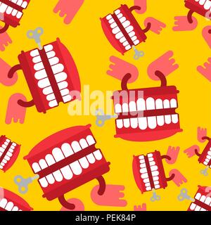 Chatter teeth toy pattern seamless. April Fools Day ornament. Jaw toy background vector Stock Vector