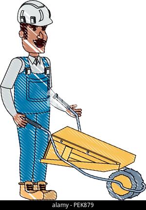 construction man with a wheelbarrow over white background, vector ...