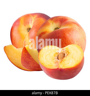 Isolated fruits. Two peach and slises  isolated on white background with clipping path as package design element and advertising. Stock Photo