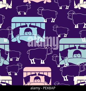 Sleeping man and sheep pattern seamless. Guy in bed asleep ornament. sleeper male background. Vector texture Stock Vector