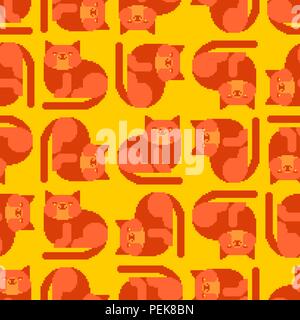 Red cat pixel art pattern seamless. 8 bit Digital home pet background. Vector ornament Stock Vector