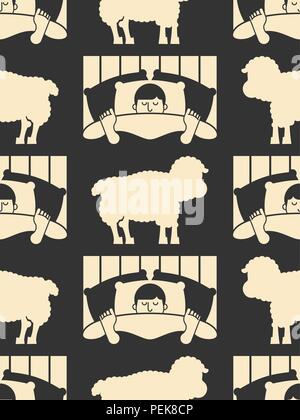 Sleeping man and sheep pattern seamless. Guy in bed asleep ornament. sleeper male background. Vector texture Stock Vector