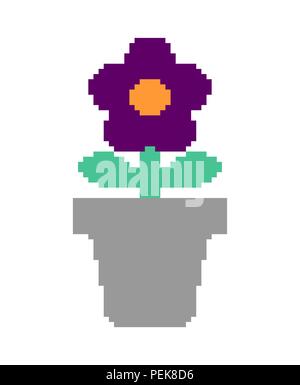 Violet in pot pixel art. 8 bit Flower. Vector Illustration Stock Vector