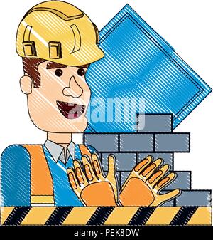 under construction design with construction worker and related icons over white background, vector illustration Stock Vector