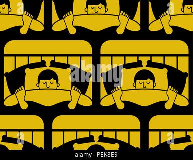 Guy in bed asleep pattern seamless. Man sleeping background. sleeper male ornament. Vector texture Stock Vector