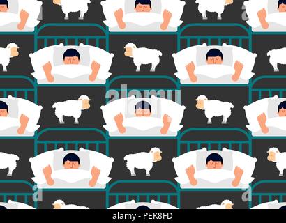 Sleeping man and sheep pattern seamless. Guy in bed asleep ornament. sleeper male background. Vector texture Stock Vector