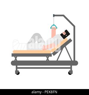 Patient in hospital bed isolated. man fractured his legs sick. Gypsum on leg. Vector illustration Stock Vector