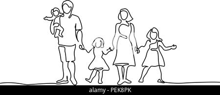 Continuous one line drawing. Happy family father and mother with three children. Vector illustration. Stock Vector