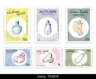 Autumn Vegetables, Post Stamps Set of Hand Drawn Sketch Eggplant, Aubergine, Brinjal, Pumpkin, Cucumber and Chives in Trendy Origami Deep Paper Art Ca Stock Vector