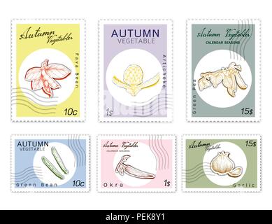 Autumn Vegetables, Post Stamps Set of Hand Drawn Sketch Artichoke, Fava or Broad Bean, Green Bean, Okra, Green Pea and Garlic in Trendy Origami Deep P Stock Vector