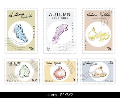 Autumn Vegetables, Post Stamps Set of Hand Drawn Sketch Green Soybean or Edamame, Celeriac, Garlic Chives or Allium Tuberosum, Onion and Shallot in Tr Stock Vector