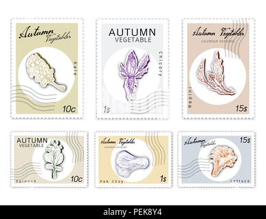 Autumn Vegetables, Post Stamps Set of Hand Drawn Sketch Chicory, Kale or Leaf Cabbage, Lettuce or Lactuca Sativa, Pak Choy, Rapini and Spinach in Tren Stock Vector