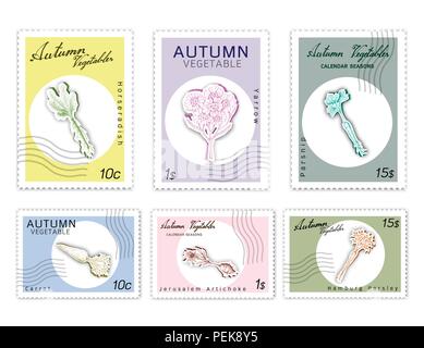 Autumn Vegetables, Post Stamps Set of Hand Drawn Sketch Yarrow, Carrot, Hamburg Parsley, Horseradish, Jerusalem Artichoke and Parsnip in Trendy Origam Stock Vector