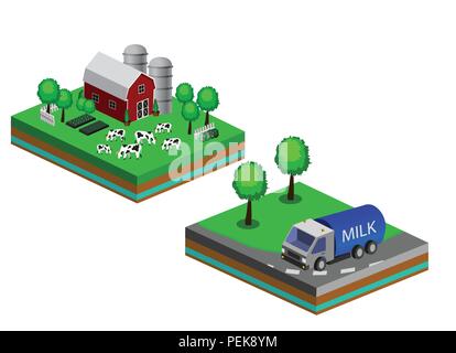 Isometric Red Barn And Trees cows vector illustration Stock Vector