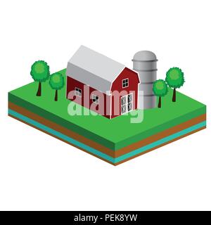 Isometric Red Barn And Trees cows vector illustration Stock Vector