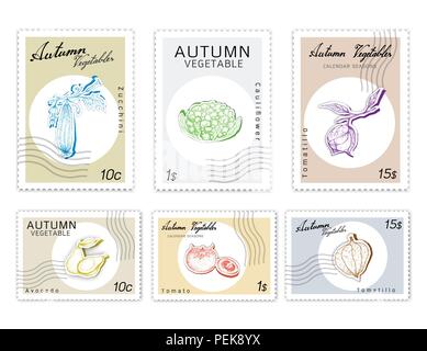 Autumn Vegetables, Post Stamps Set of Hand Drawn Sketch Avocados, Tomatillo or Mexican Husk Tomato, Tomato, Zucchini and White Cauliflower in Trendy O Stock Vector