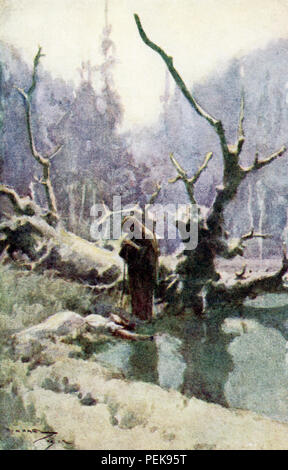 This illustration dates to the early 1900s and shows a witch and a lady in the woods. The scene is from Nathaniel Hawthorne's Twice-Told Tales and the tale is The Hollow of the Three Hills. The caption reads: When the old woman stirred the kneeling lady she lifted not her head. 'Here has been a sweet hour's spot,' said the withered crone, chuckling to herself. Stock Photo