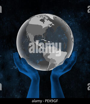 Jamaica With flag on translucent globe in hands in space. 3D illustration. Stock Photo