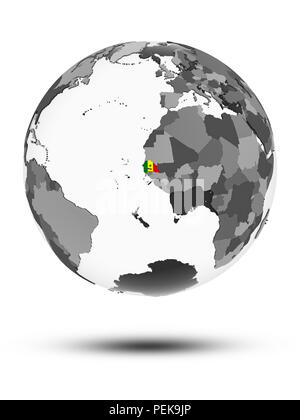 Senegal with flag on globe with shadow isolated on white background. 3D illustration. Stock Photo