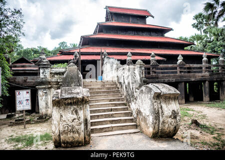 INWA (AVA), Myanmar — Bagaya Monastery (Bagaya Kyaung) was built in 1834 during the reign of King Bagyidaw. It is constructed entirely of teak, with 267 giant teak posts, the largest of which is 60 feet high and 9 feet in circumference. It is located in the old royal capital region of Inwa (Ava), not far from Mandalay. Stock Photo