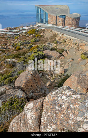 Observation shelter on Mount Wellington, overlooking Hobart Stock Photo