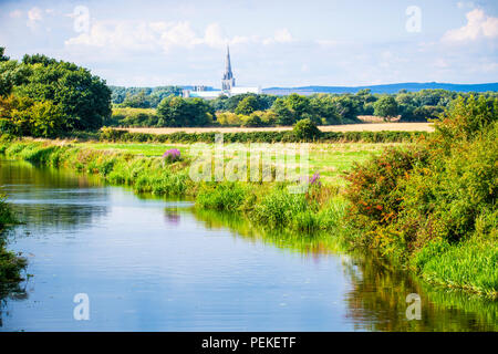 View of Chichester Cathedral from Poyntz Bridge, Hunston, West Sussex, England. This is the view painted by famous artist John Constable in 1831. Stock Photo