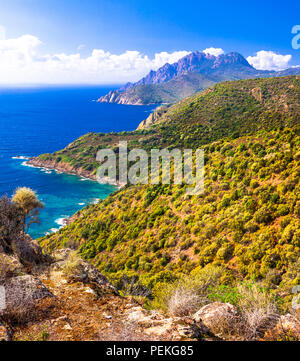 Impressive scenic landscape,view with mountains and sea,Calanques,Corsica,France. Stock Photo