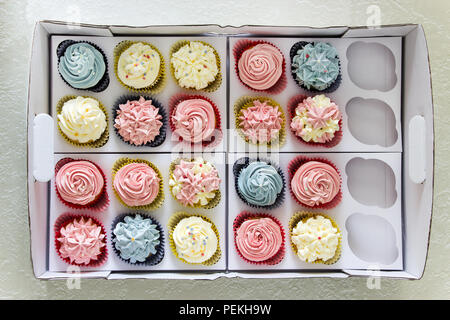 Set of different delicious homemade cupcakes in paper delivery box. Top view. Stock Photo