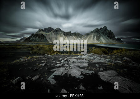 Long Exposure Landscape shot of Vestrahorn mountain range near Hofn, Iceland Stock Photo