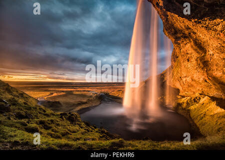 Seljalandfoss waterfall at sunset in Iceland Stock Photo