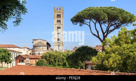 Lucca - view from medieval walls surrounding old town towards Romanesque Basilica San Frediano with typical Tuscan high bell tower Stock Photo