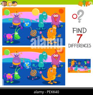 Cartoon Illustration of Finding Seven Differences Between Pictures Educational Game for Children with Monster Characters Stock Vector