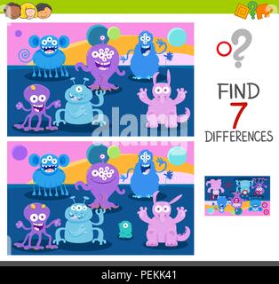Cartoon Illustration of Finding Seven Differences Between Pictures Educational Game for Children with Cute Monster Characters Stock Vector