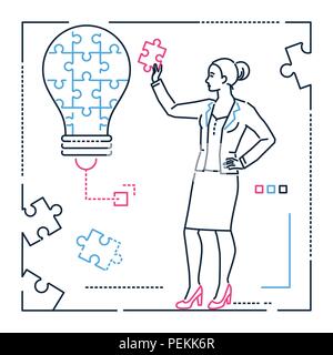 Businesswoman doing puzzle - line design style illustration Stock Vector